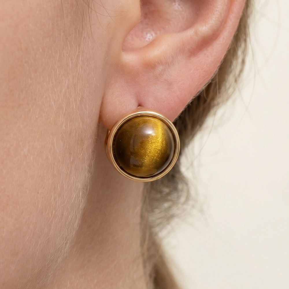 Tiger Eye Natural Stone Dome Stud Earrings
