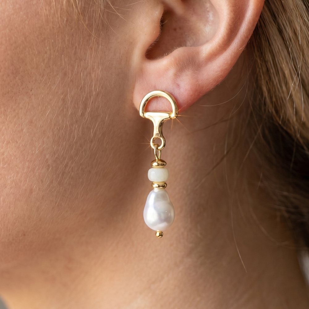 Faux Pearl Drop Horsebit Connector Earrings