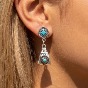 Turquoise Concho Aztec Etched Bell Drop Earrings