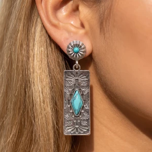 Turquoise Aztec Etched Rectangle Drop Earrings