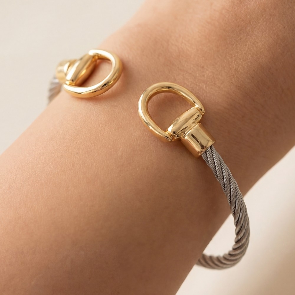 Stainless Steel Two Tone D Link Rope Cuff Bracelet