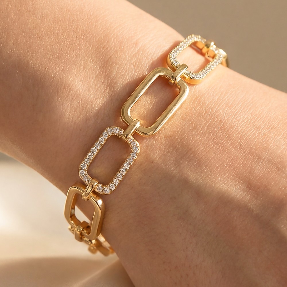 Gold Dipped Cz Oval Chain Toggle Bracelet