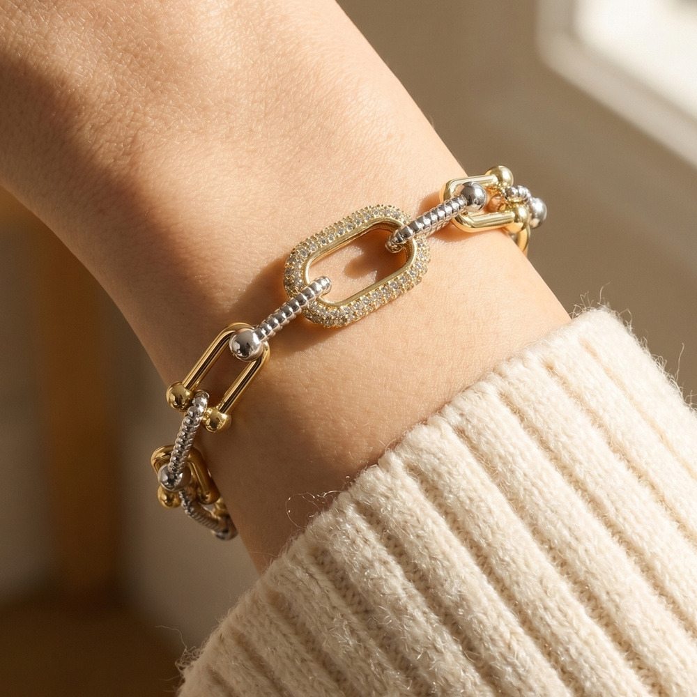 Two Tone Chain Link Bracelet With Cz Carabiner