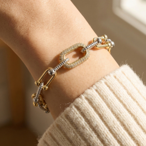 Two Tone Chain Link Bracelet With Cz Carabiner