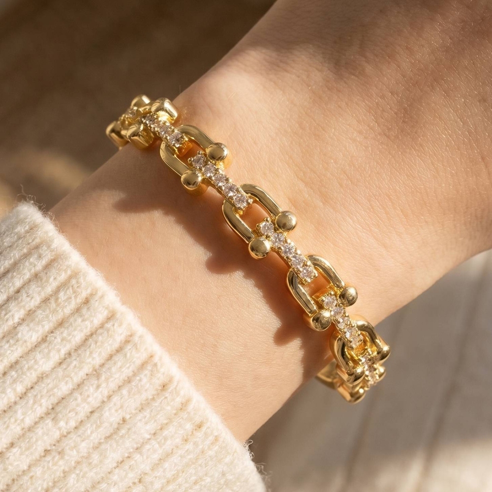 Gold Dipped Cz Pave Chain Link Hinged Bangle Bracelet