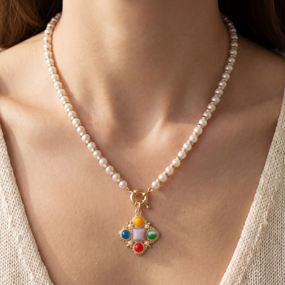 Pearl Beaded Gemstone Clover Pendant Necklace