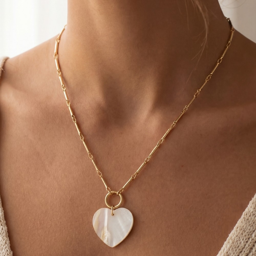 Gold Bar & Circle Chain Heart Pendant Necklace