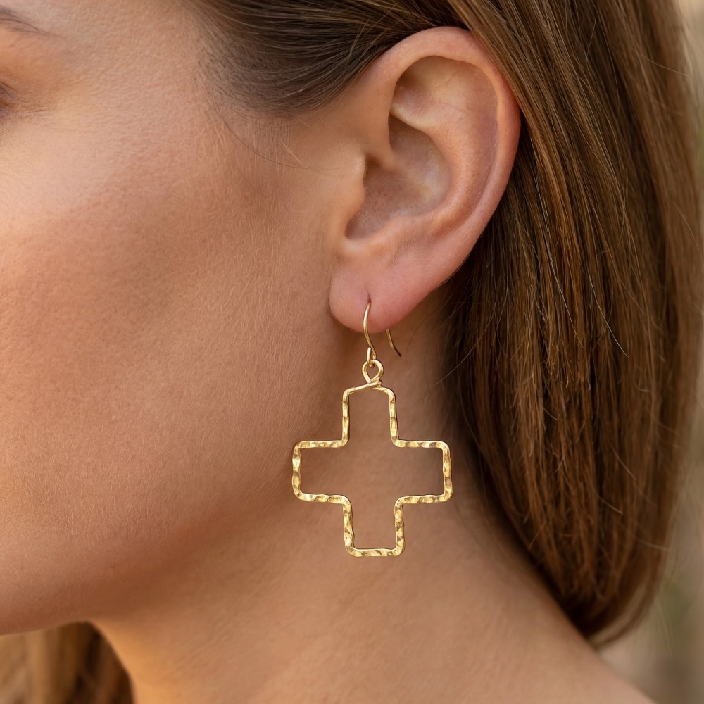 Gold Dipped Hammered Cross Dangle Earrings