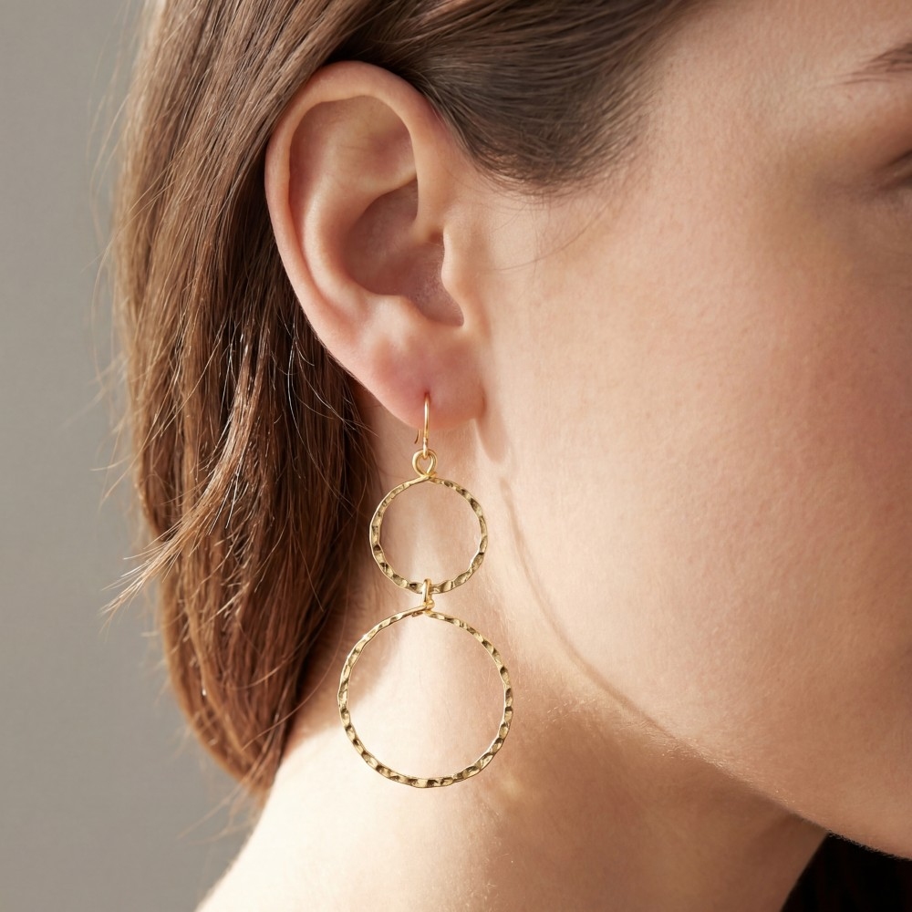 Gold Dipped Hammered Double Hoop Dangle Earrings