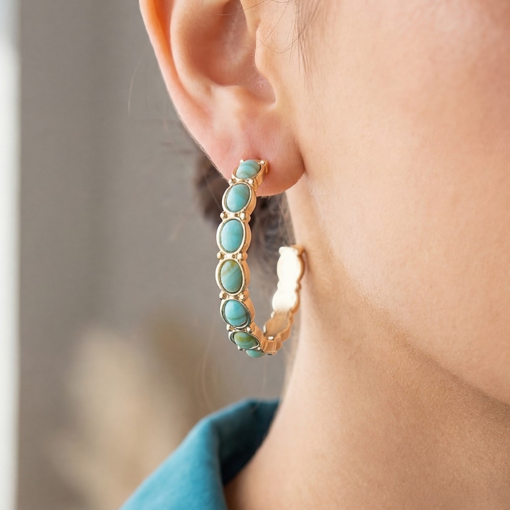 Oval Stones Row Hoop Earrings
