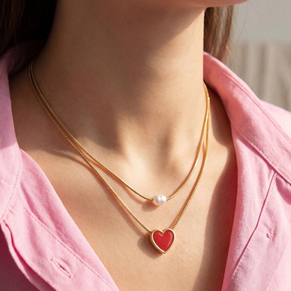 Acrylic Heart And Pearl Pendants Layered Chain Necklace