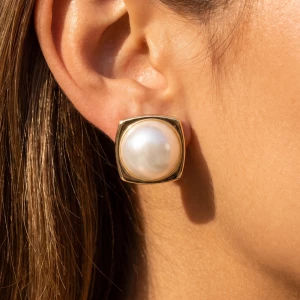 Square Framed Pearl Dome Stud Earrings