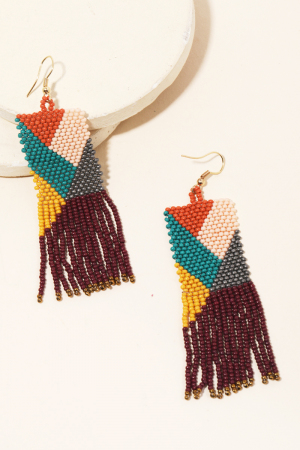 Multi Color Rectangle Seed Beaded Fringe Earrings