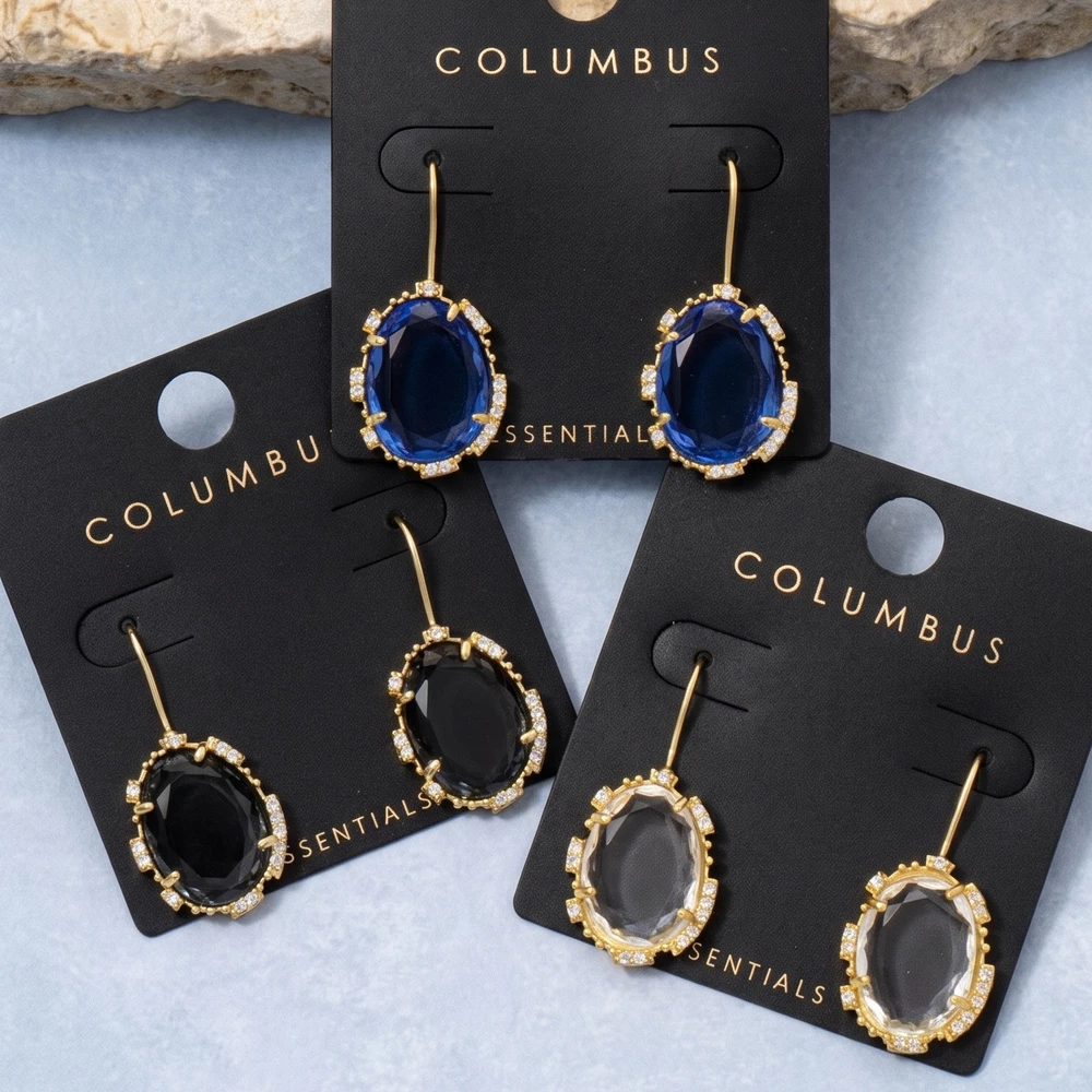 Faceted Crystal Oval Drop Earrings With Cz Halo