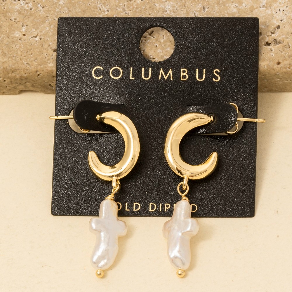 Gold Dipped Pearl Cross Hoop Earrings