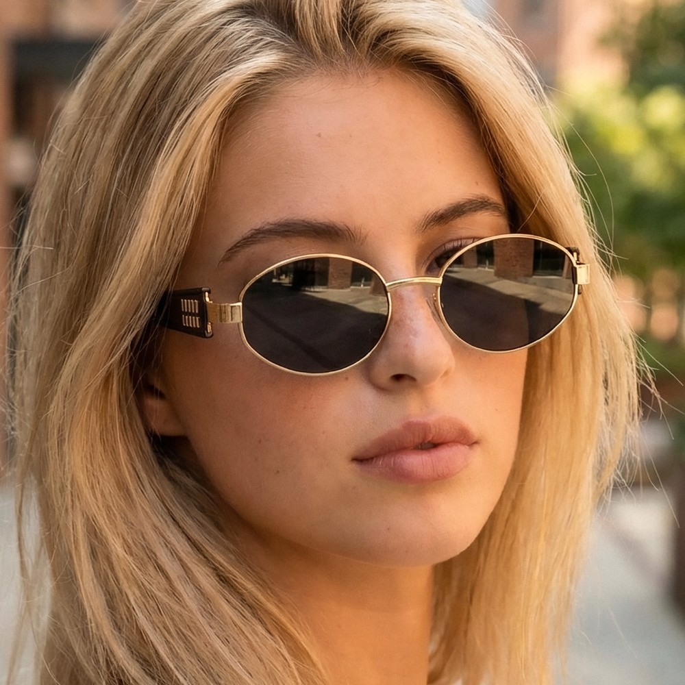 Stacked Temple Detail Oval Metal Frame Sunglasses Set