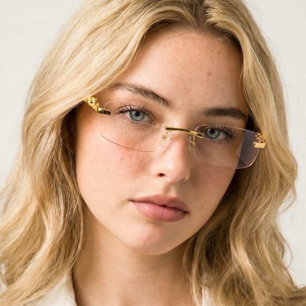 Rimless Rectangle With Ornate Panther Detail Sunglasses Set