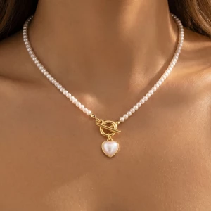 Pearl Bead Strand Heart Pendant Necklace
