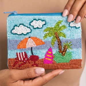 Beaded Beach Scene Palm Tree Coin Pouch