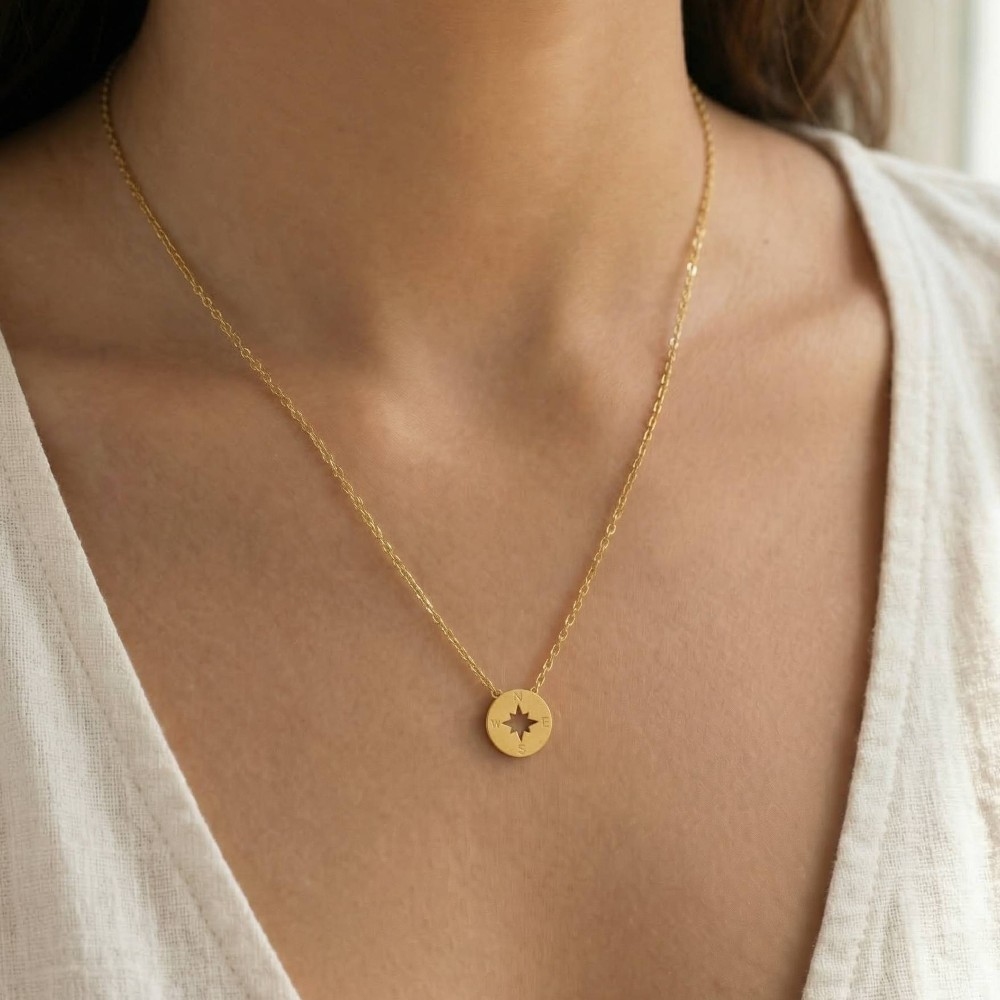 Gold Dipped Compass Pendant Necklace