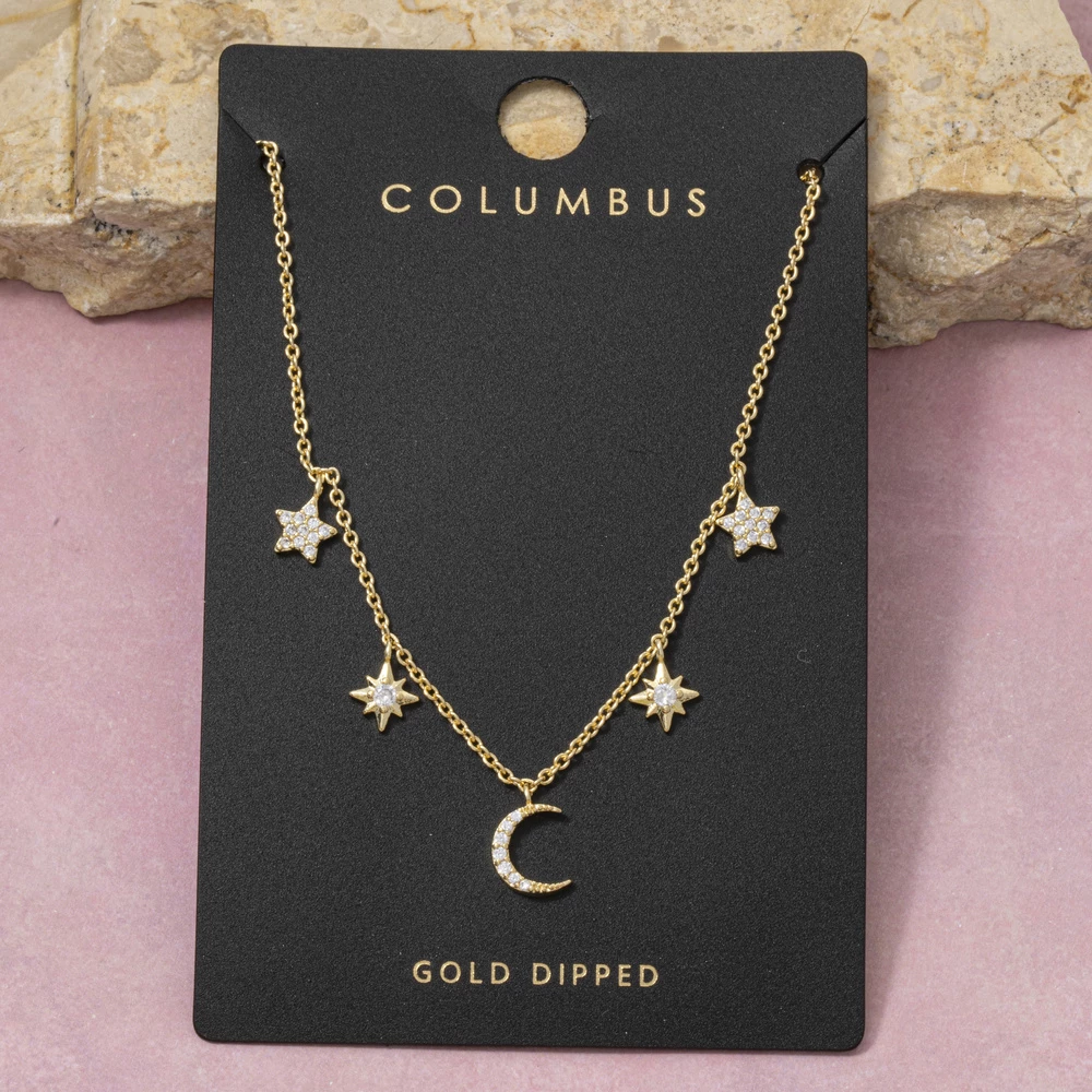 Pave Cz Star And Crescent Moon Station Necklace