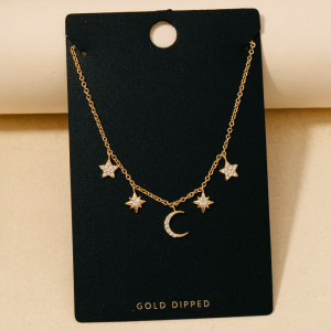 Gold Dipped Cz Pave Star And Moon Charms Chain Necklace