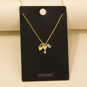 Gold Dipped Cz Oval Key And Lock Heart Charms Chain Necklace