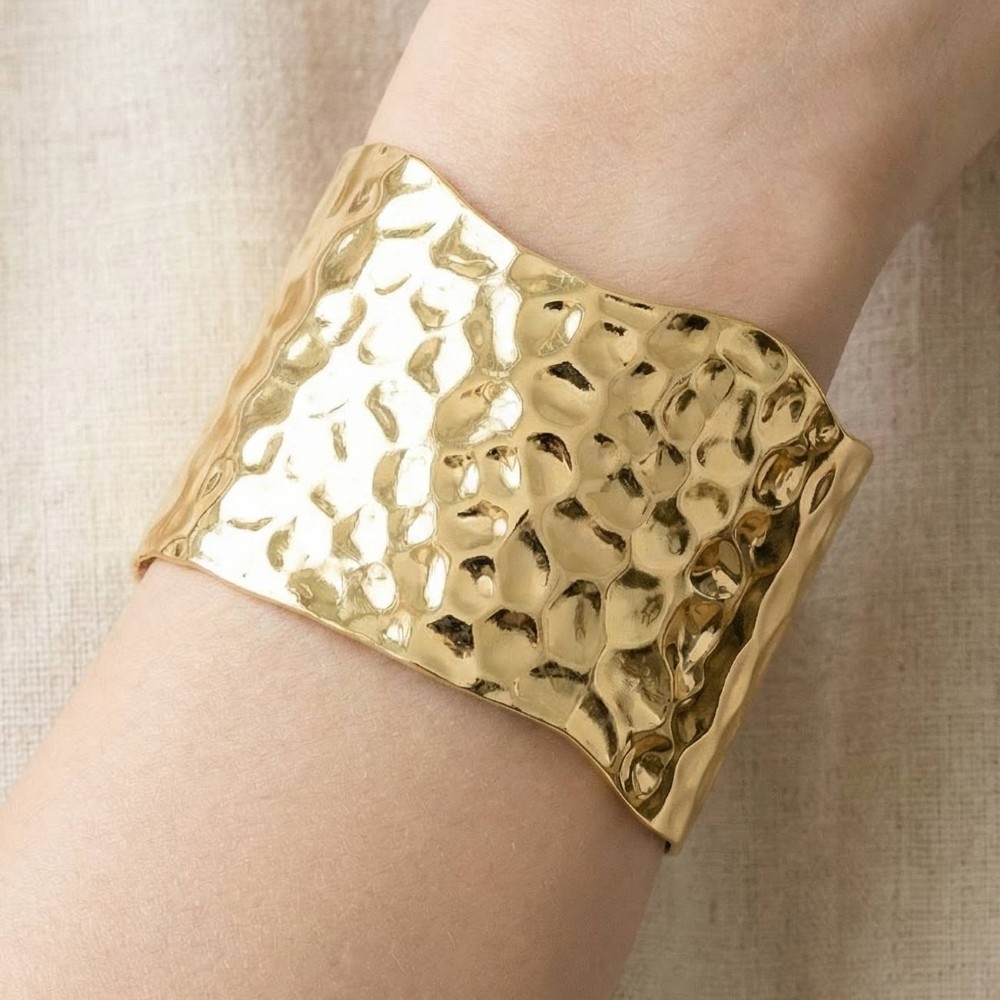 Wide Hammered Metallic Cuff Bracelet