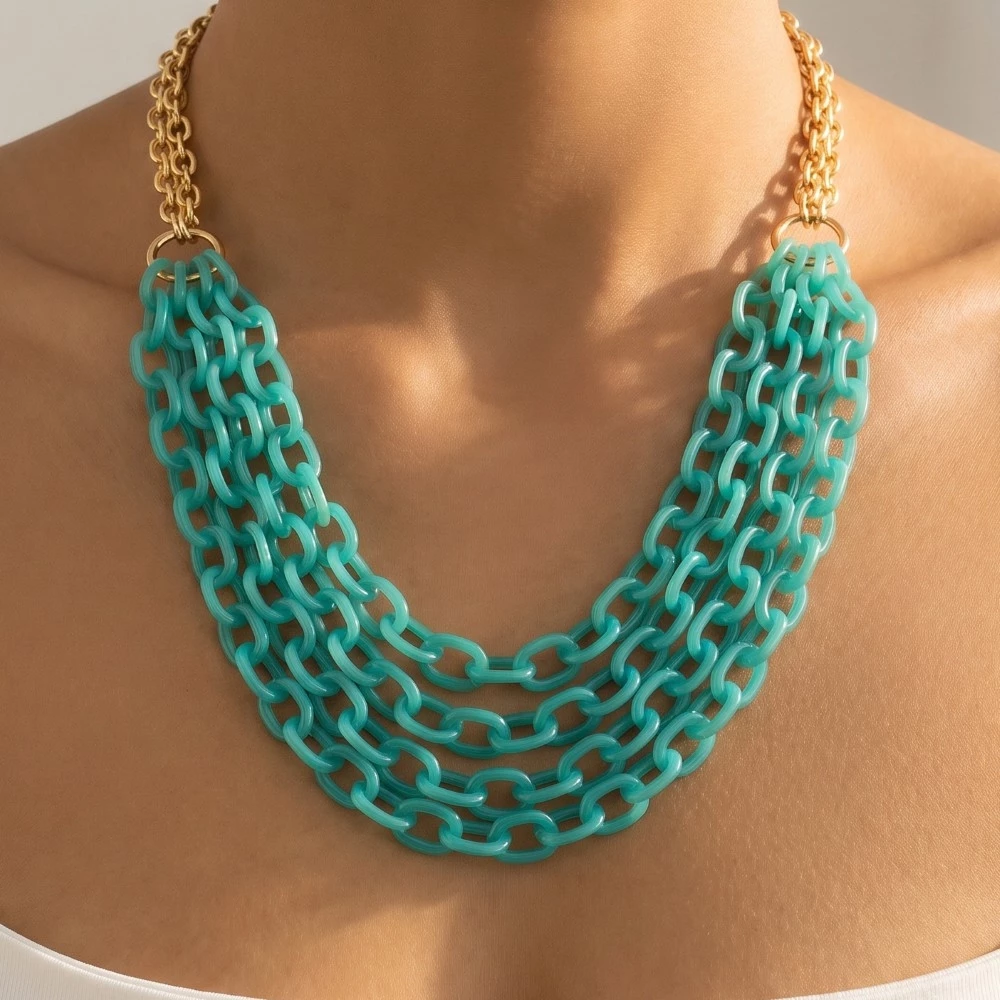 Gold Dipped Matte And Layered Acrylic Chain Statement Necklace