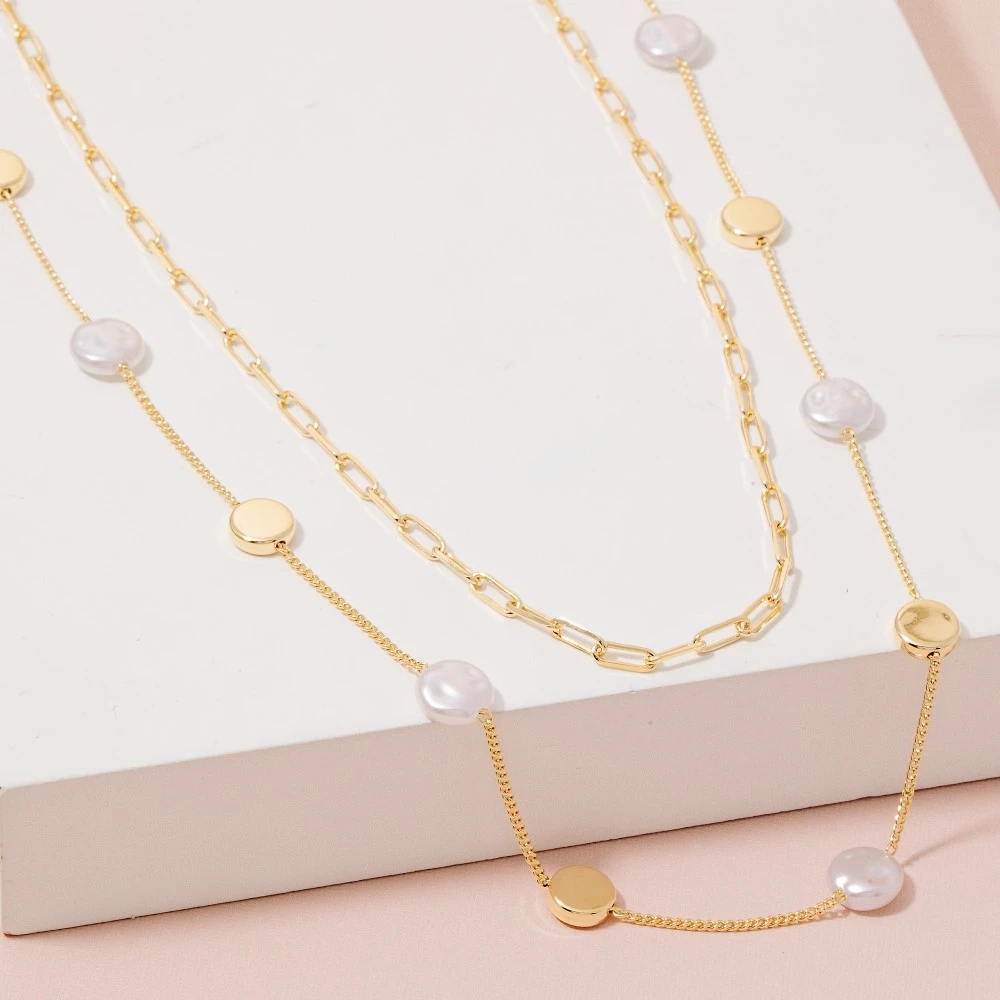 Metallic And Pearl Disc Station Layered Necklace