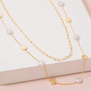 Metallic And Pearl Disc Station Layered Necklace