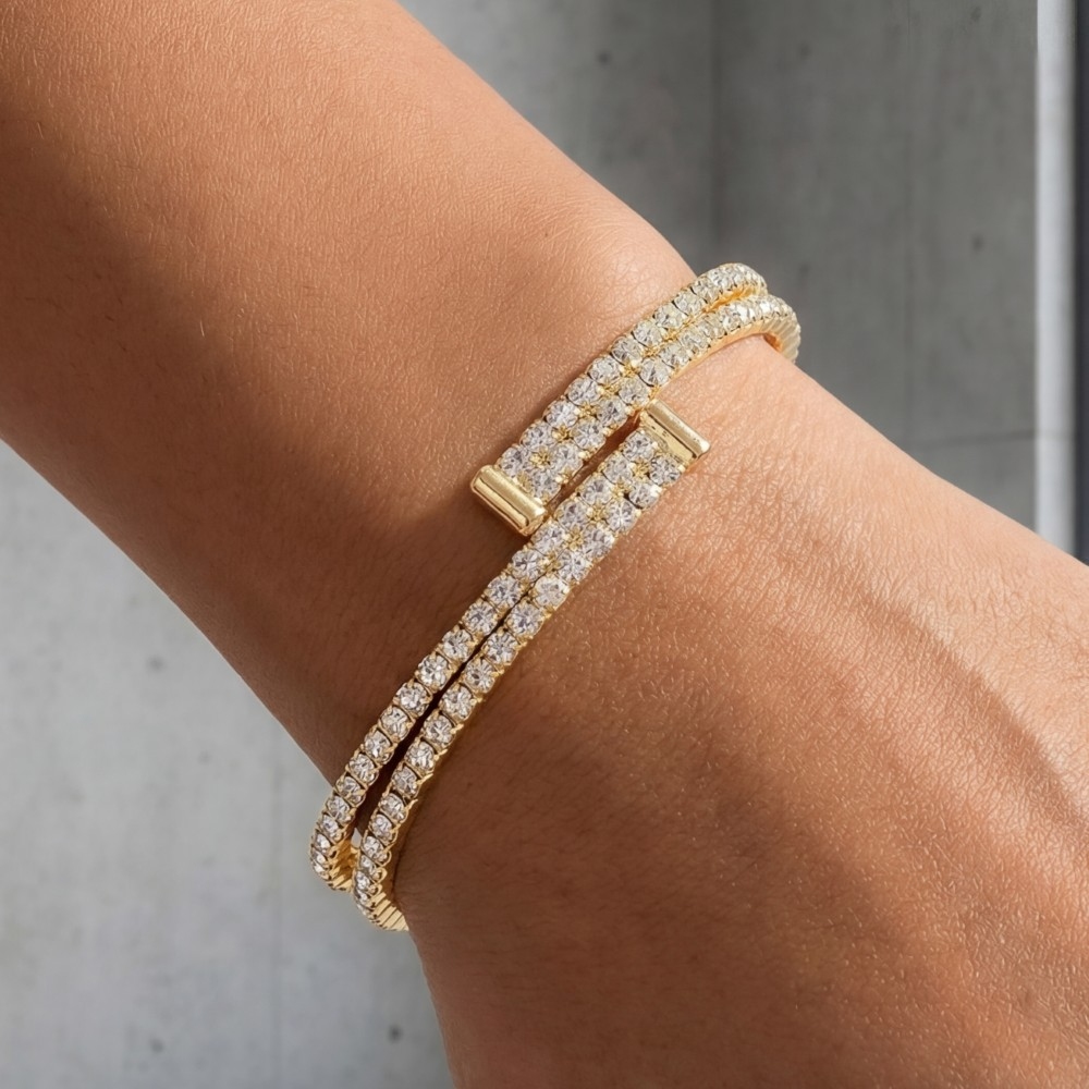 Double Row Cubic Zirconia Tennis Chain Cuff Bracelet