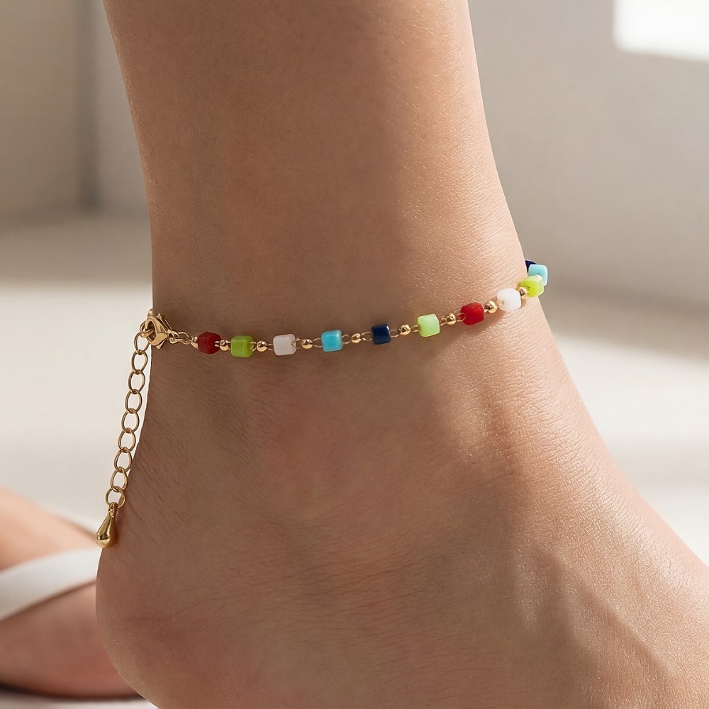 Faceted Mini Cube Beads Station Chain Anklet