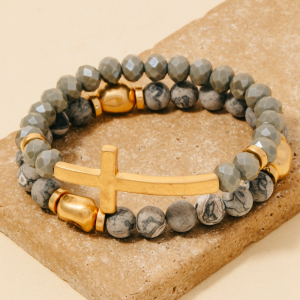 Cross Charm Stone Beaded Bracelet Set