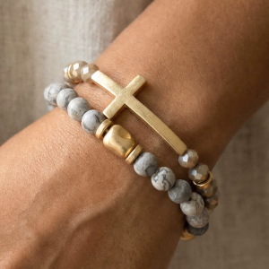 Cross Charm Stone Beaded Bracelet Set