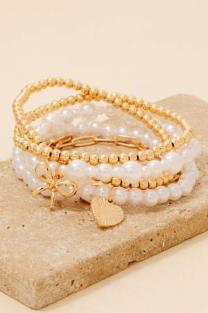 Heart Charm Pearl And Metallic Beads Bracelet Set