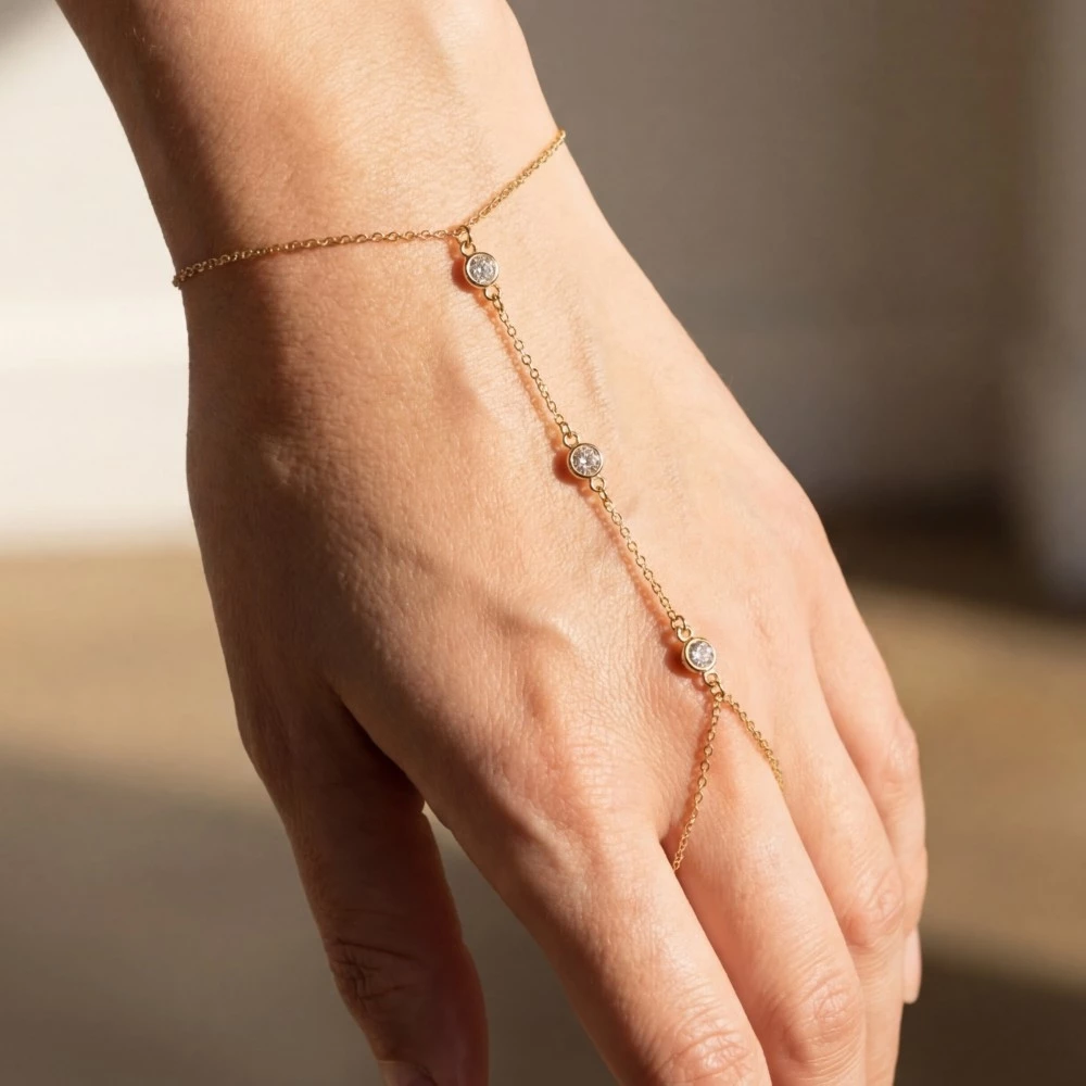 Dainty 3 Cz Gem Station Hand Chain Bracelet