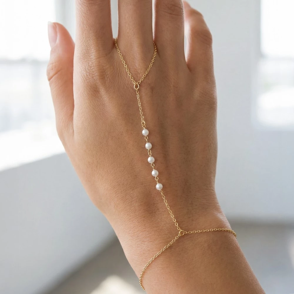 Dainty Pearl Beaded Hand Chain Bracelet