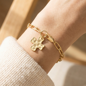 Hammered Square Cross Charm Paperclip Chain Bracelet