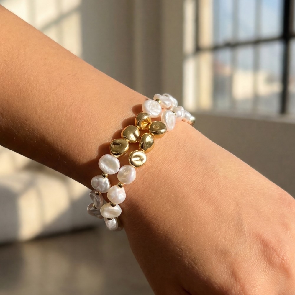 Irregular Pearl And Metallic Beaded Bracelet Set