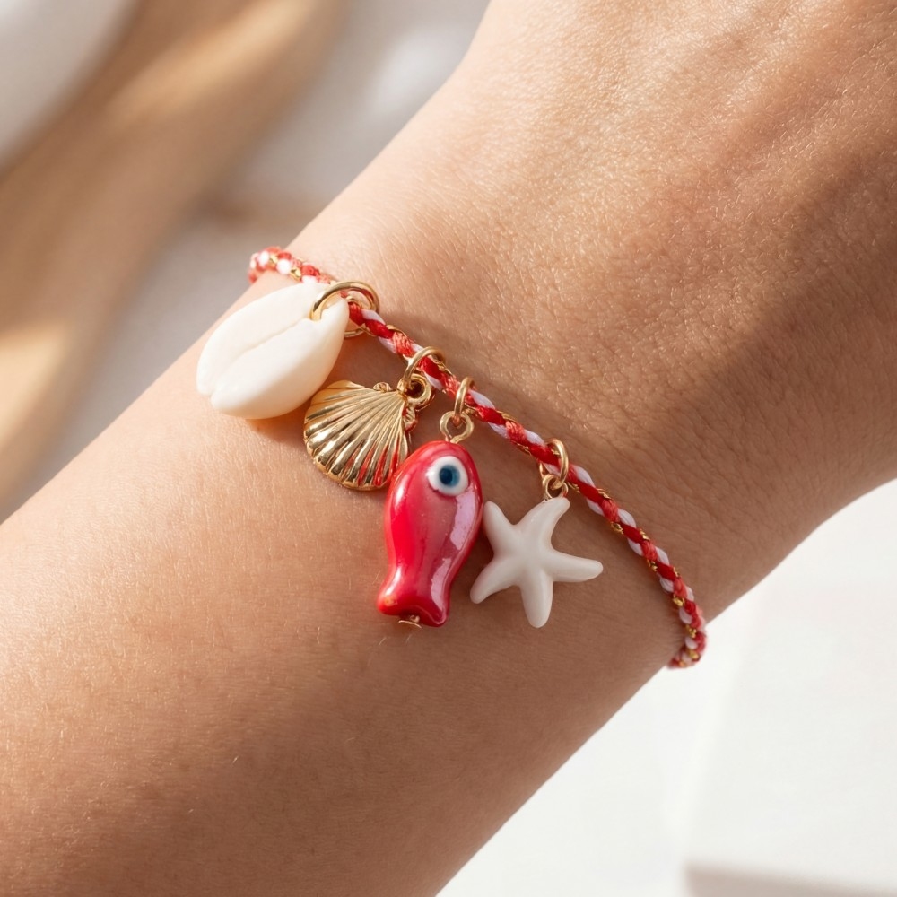 Acrylic Sea Life Charms Braided Red Cord Bracelet