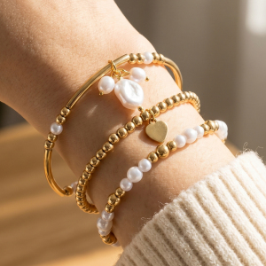 Pearl And Gold Bead Layering Bracelet Set