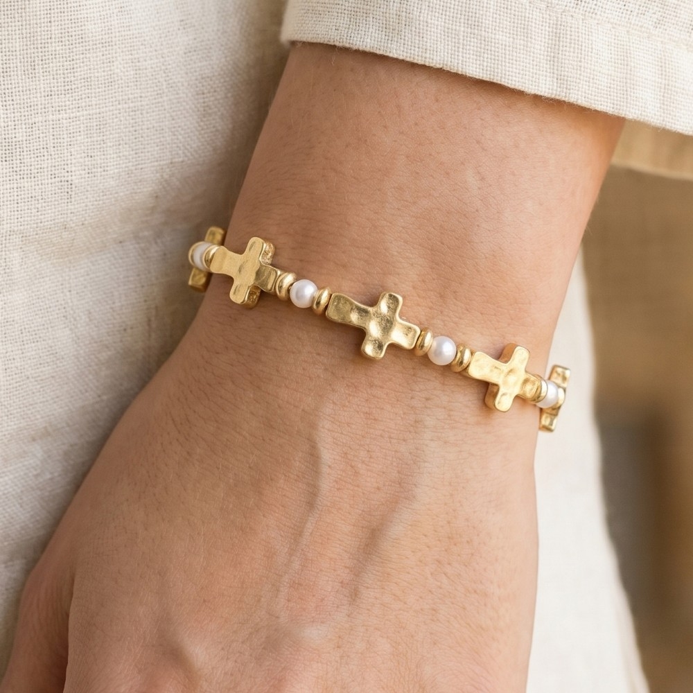 Cross & Pearl Beaded Stretch Bracelet