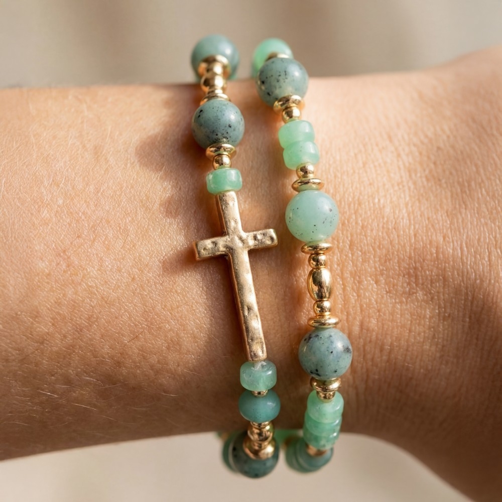 Cross Charm Mixed Beaded Bracelet Set