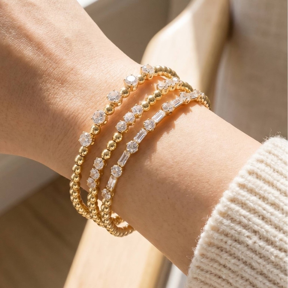 Mixed Cz & Ball Bead Stretch Bracelet Set