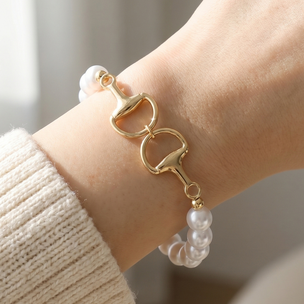 Pearl Bead Gold Snaffle Bit Connector Bracelet