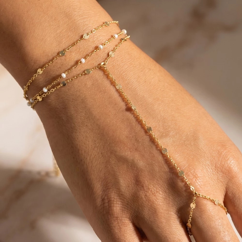Layered Pearl Station Hand Chain Bracelet