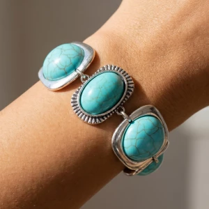 Turquoise Stone Mixed Frame Link Bracelet