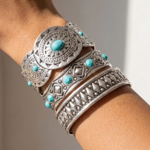 Turquoise Stone Engraved Cuff Bracelet Set