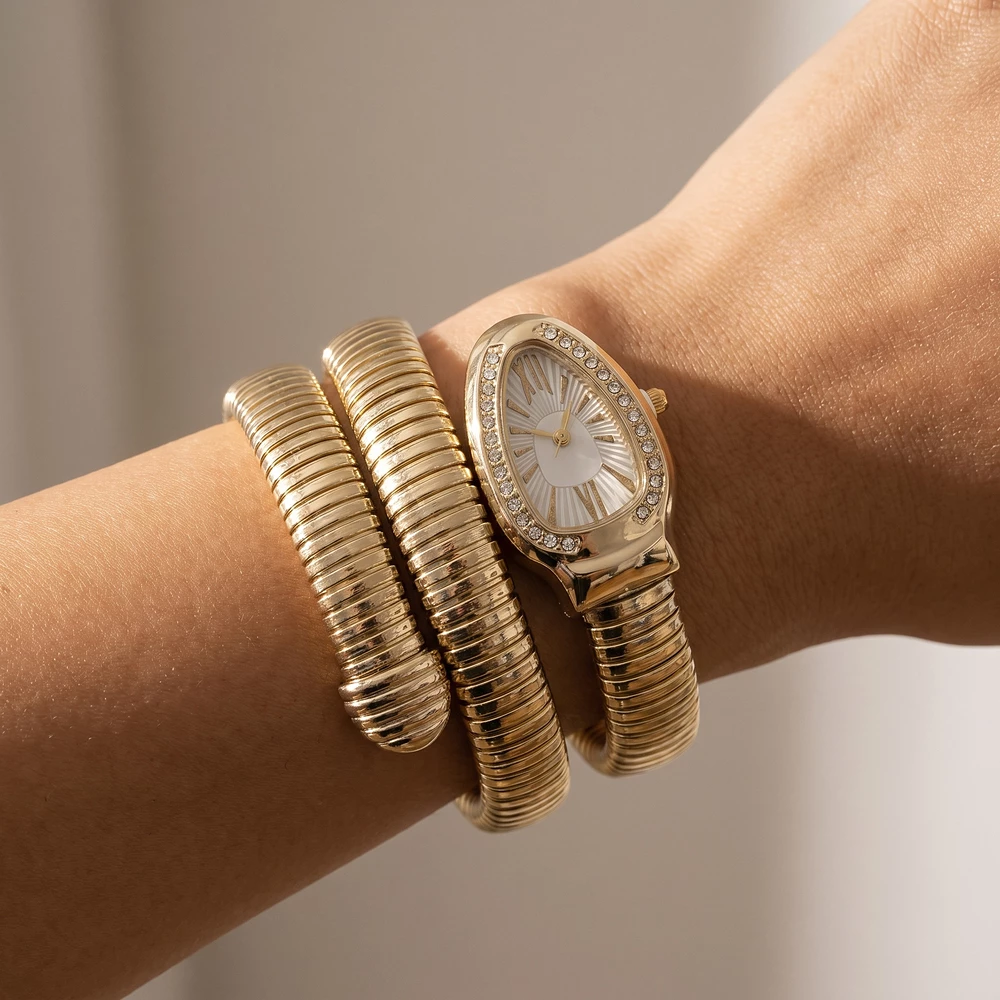 Rhinestone Coil Wrap Snake Bracelet Watch